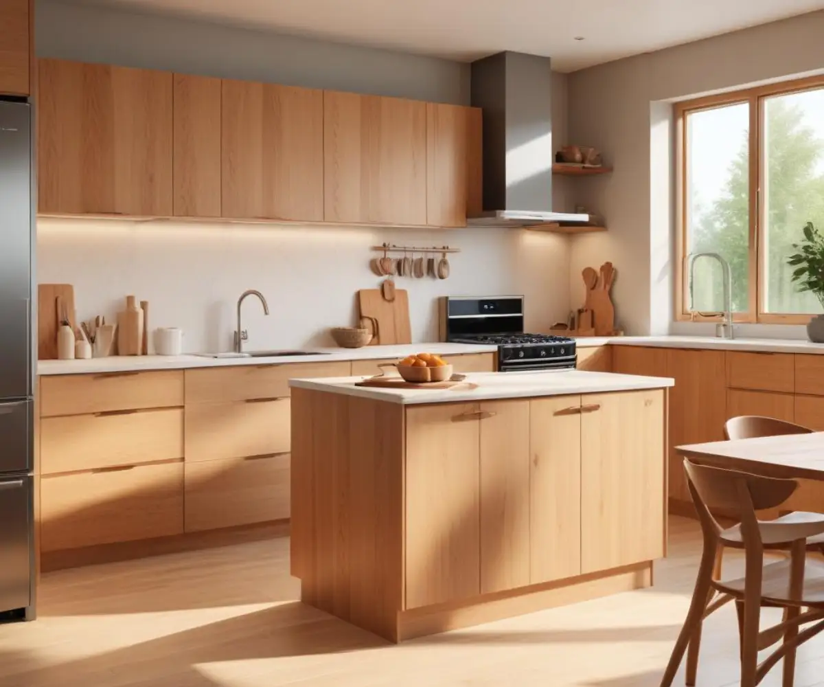 A modern kitchen showcasing two different styles of elegant, custom-fitted wooden cabinetry.