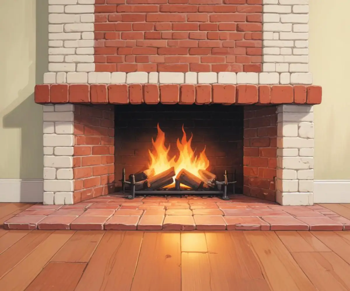 Close-up of a gap between a brick fireplace hearth and light-colored hardwood flooring.