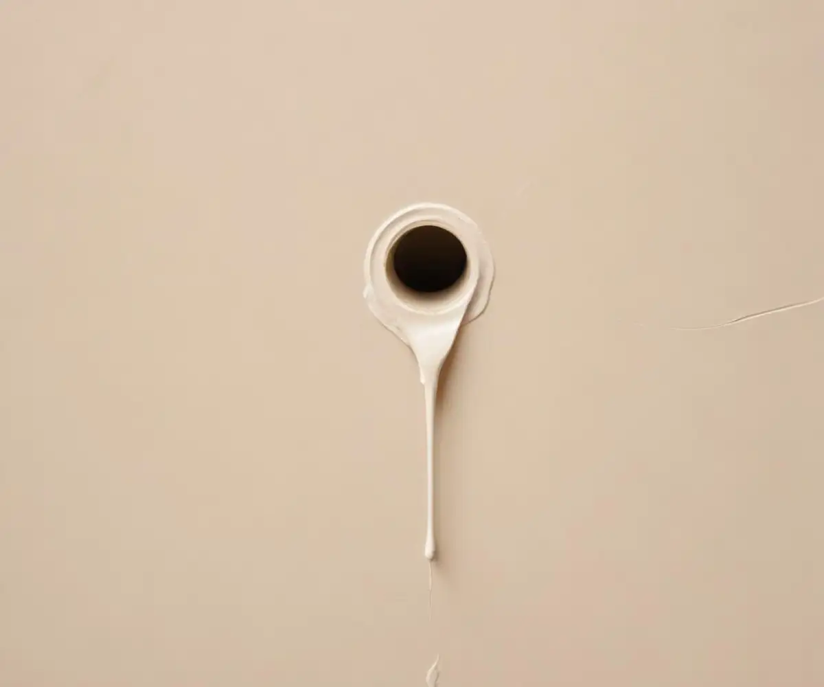 Close-up of a small hole in a beige stucco exterior wall being filled with sealant from a caulking gun.