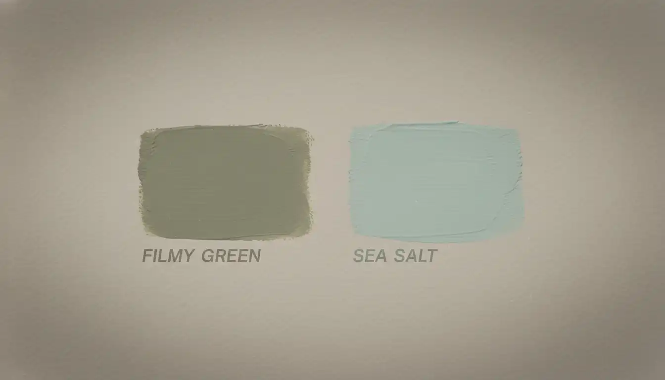 A side-by-side comparison of Filmy Green and Sea Salt paint swatches on a neutral background.