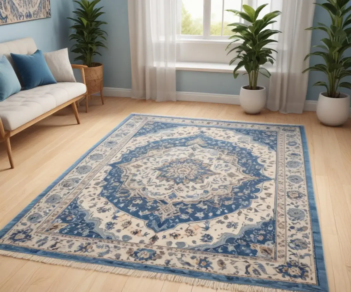 An ornate, patterned area rug with geometric and floral designs in shades of blue and cream, placed on a light-colored wooden floor.