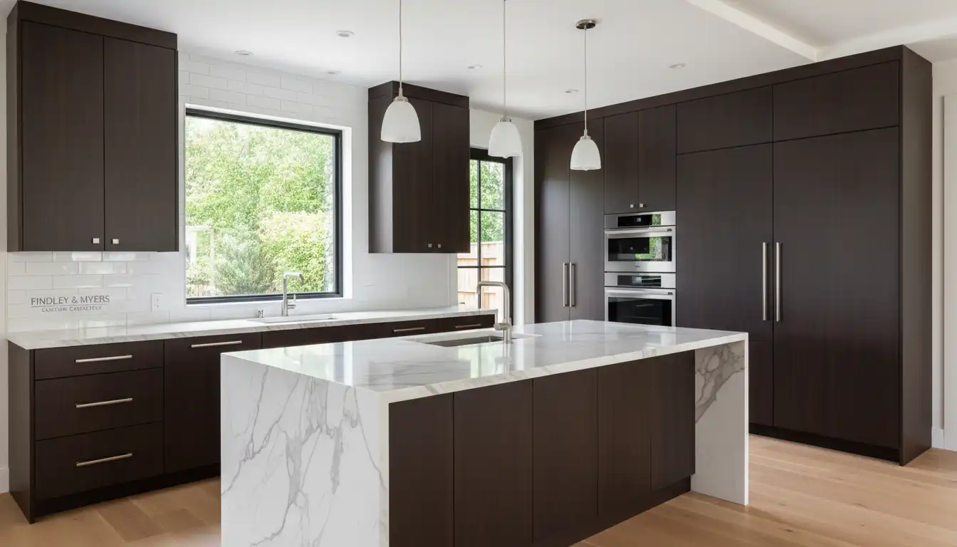 Modern kitchen with sleek, dark wood cabinets and a marble countertop.