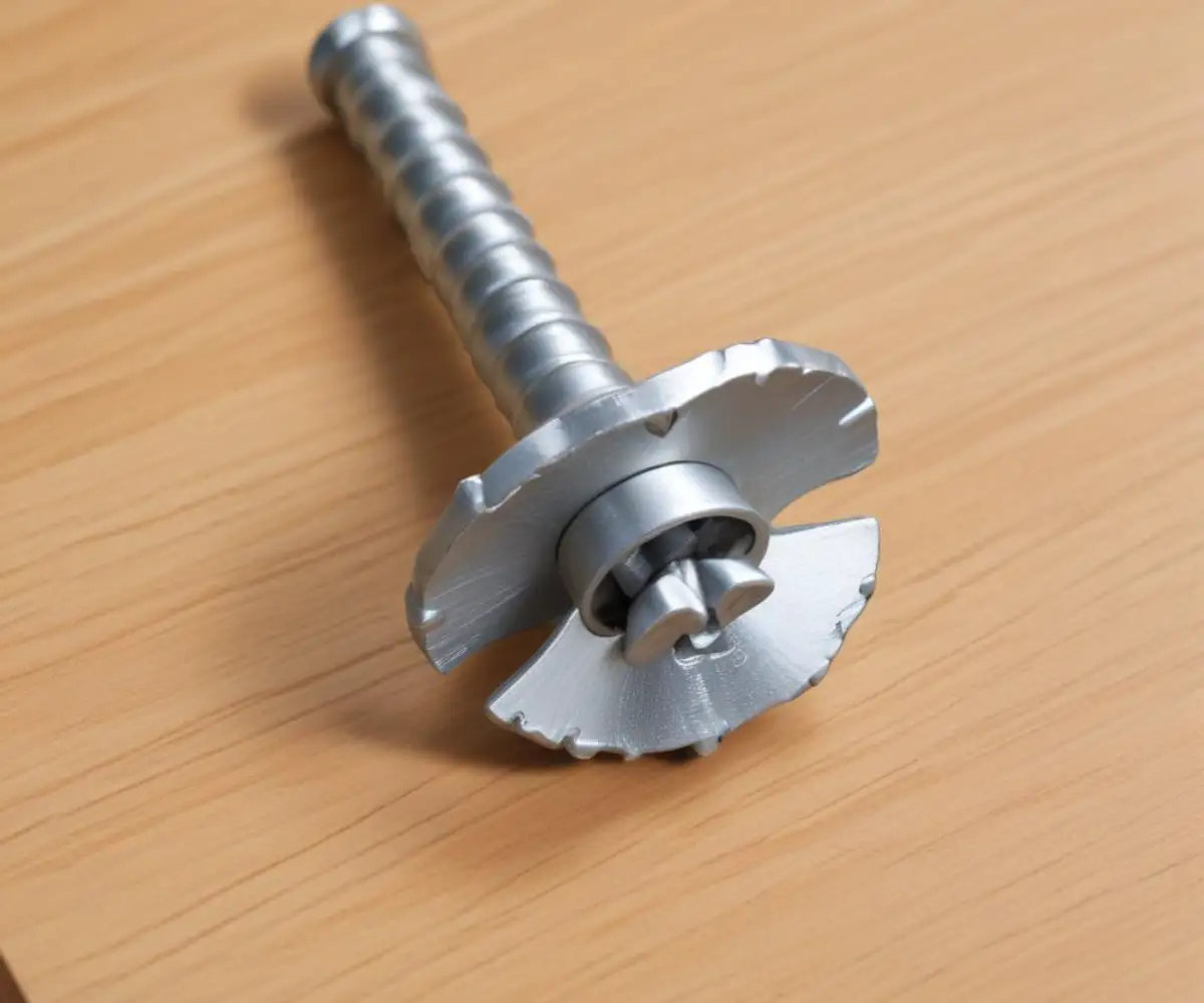 A close-up of a silver fine-thread drywall screw partially driven into a plain wooden board.