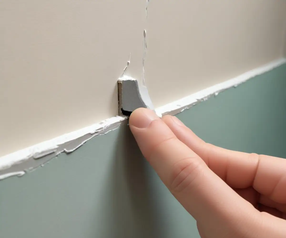 Close-up of an unfinished drywall edge being finished with a metal J-bead and joint compound.