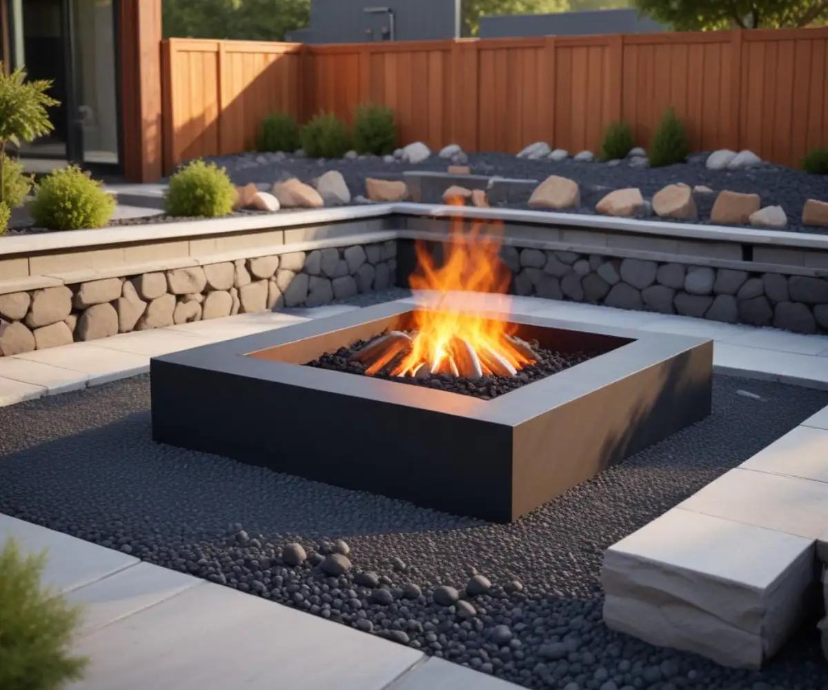 A modern square fire pit with black lava rocks, connected to a natural gas line on a paved patio.