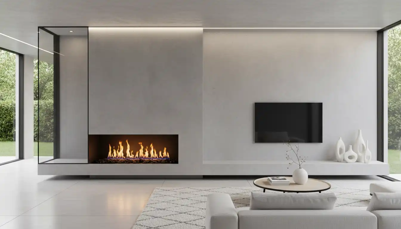 A modern, minimalist fireplace with a large glass window on one side, built into a smooth, light-gray wall in a contemporary living room.