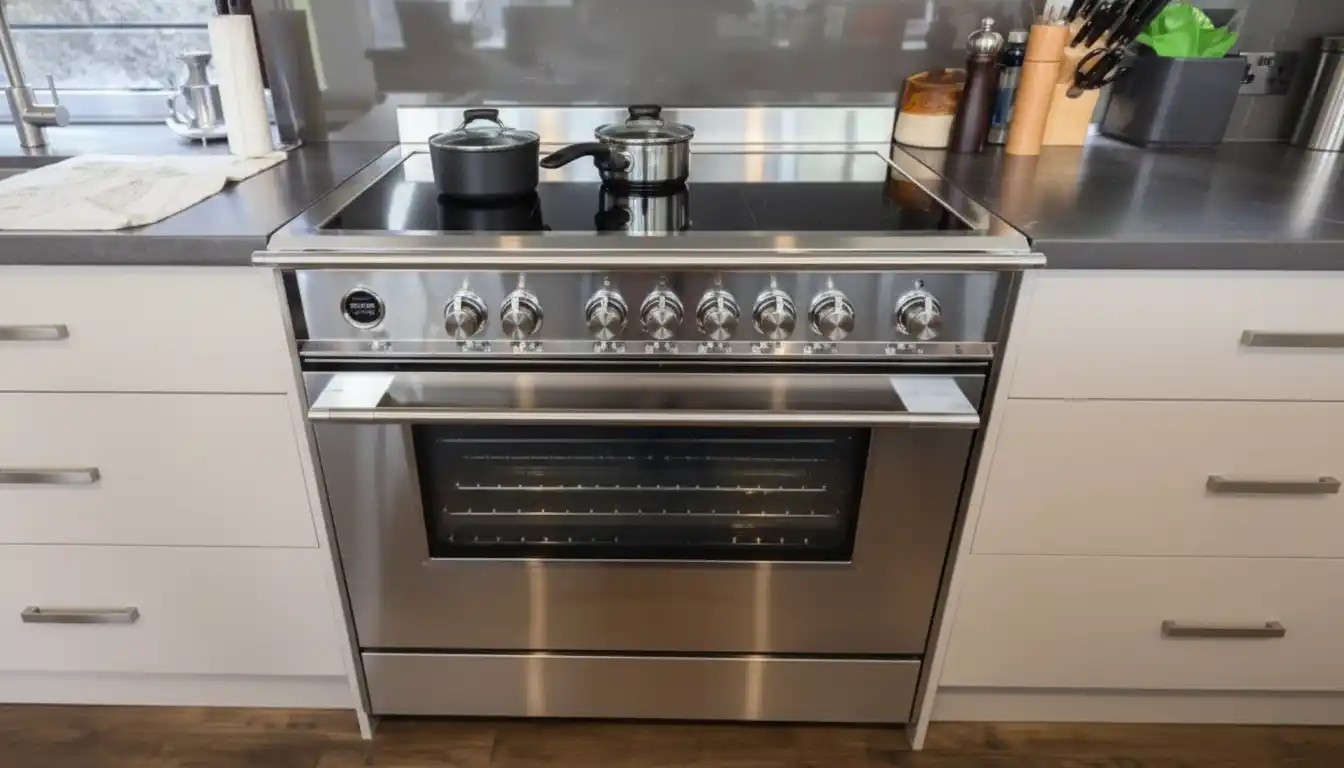 A sleek stainless steel Fisher and Paykel induction range with a smooth black glass cooktop installed in a modern kitchen island.