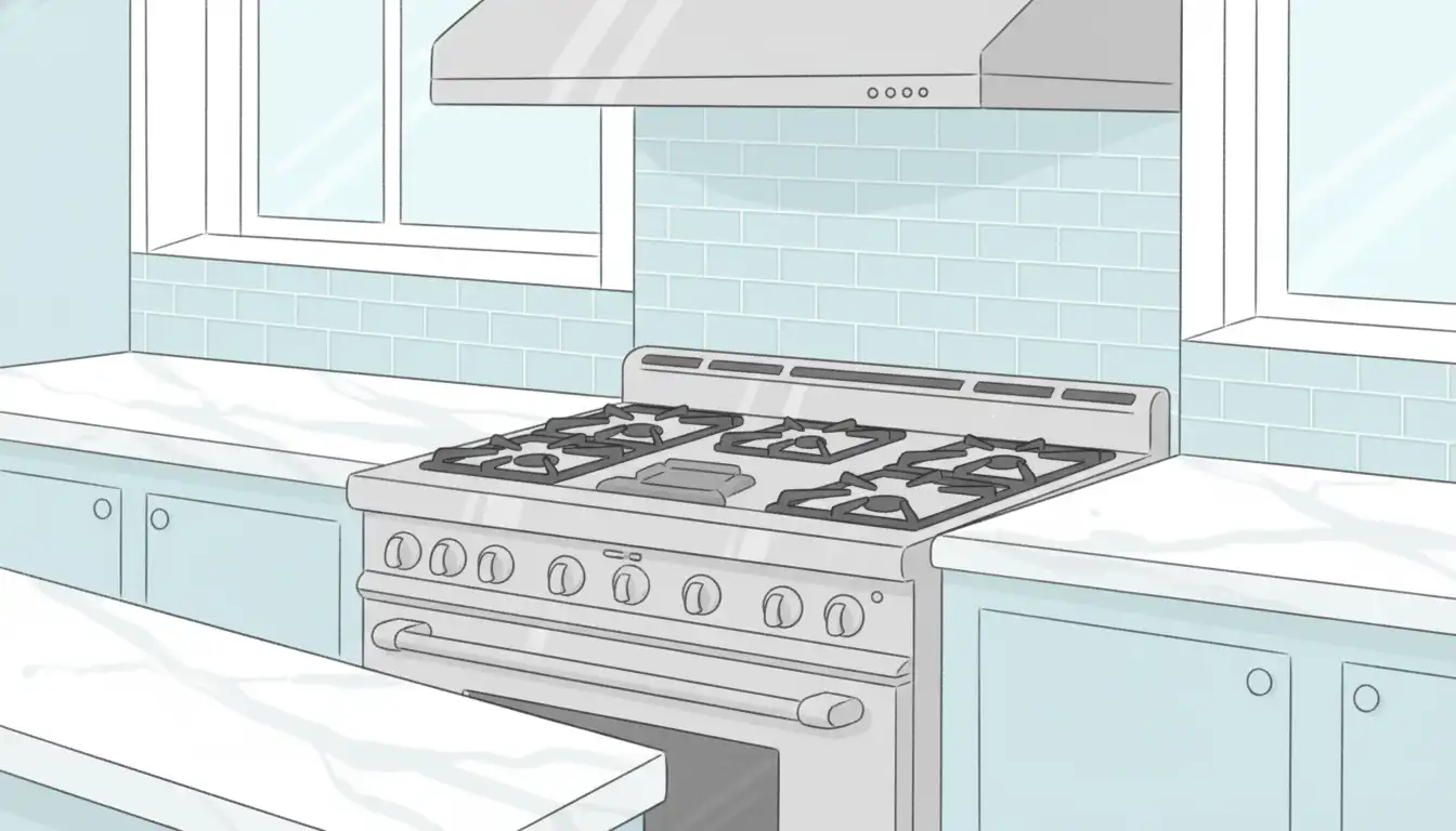 A professional-grade stainless steel gas range with six burners and prominent control knobs installed in a gourmet kitchen with marble countertops.