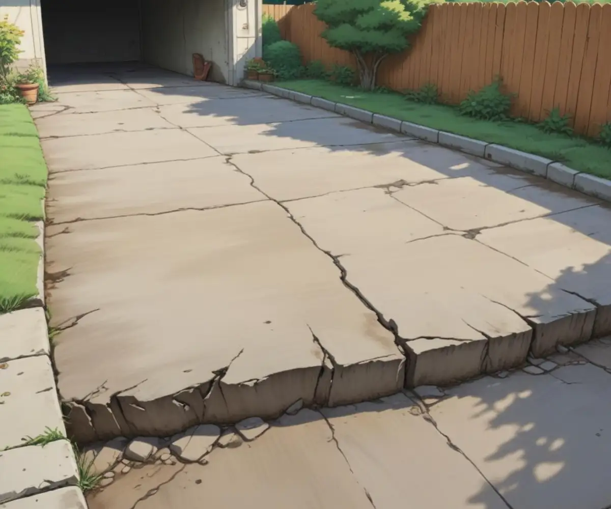 A sunken and cracked concrete apron at the transition from a residential driveway to a garage floor.