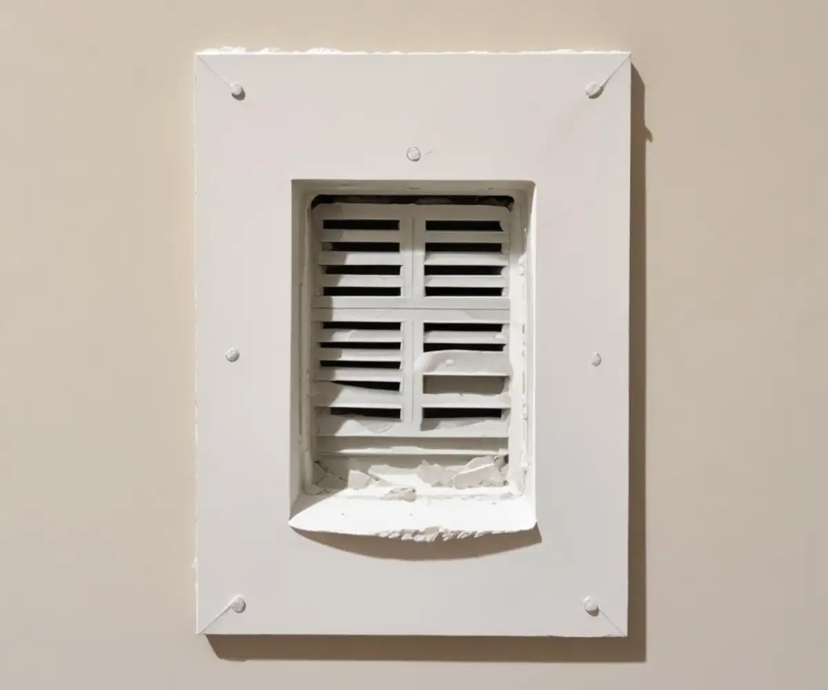 A cleanly patched and finished drywall section around a white rectangular air vent