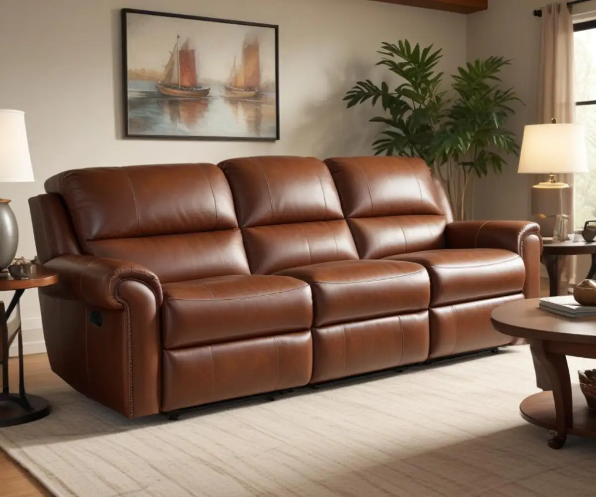 A brown leather reclining sofa from the Flexsteel Latitudes collection in a brightly lit living room.