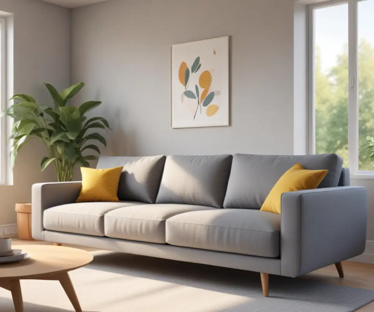 A modern, gray fabric sofa with clean lines in a brightly lit living room.