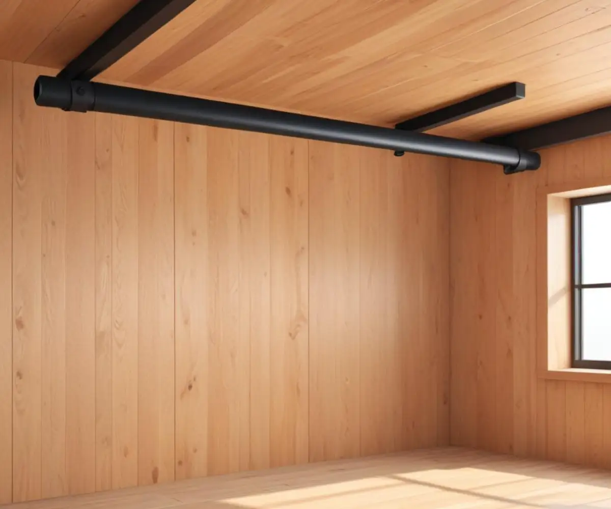 A black steel pull-up bar securely mounted to exposed wooden floor joists in an unfinished basement ceiling.