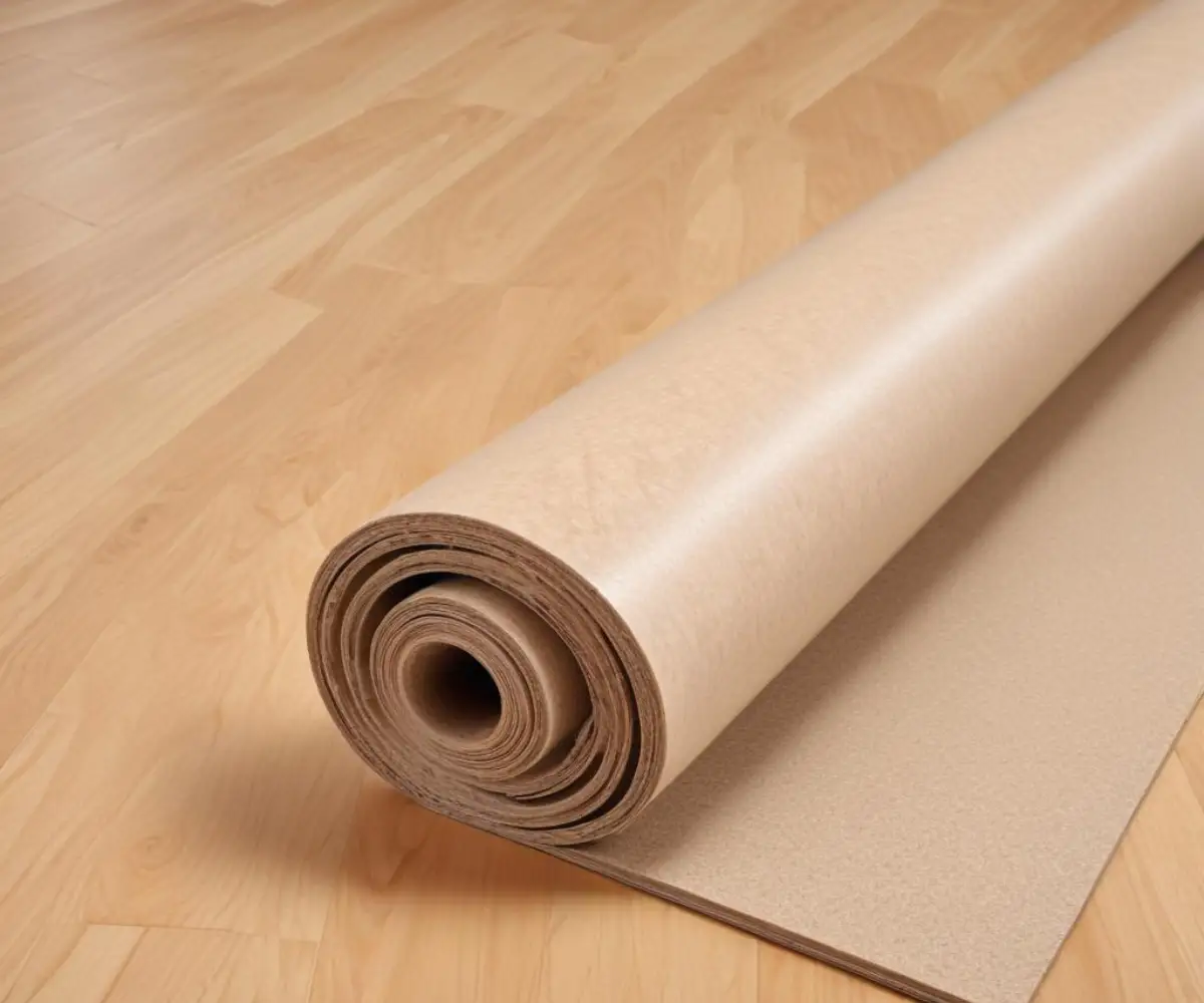 A close-up of a roll of premium acoustic flooring underlayment resting on a clean plywood subfloor.