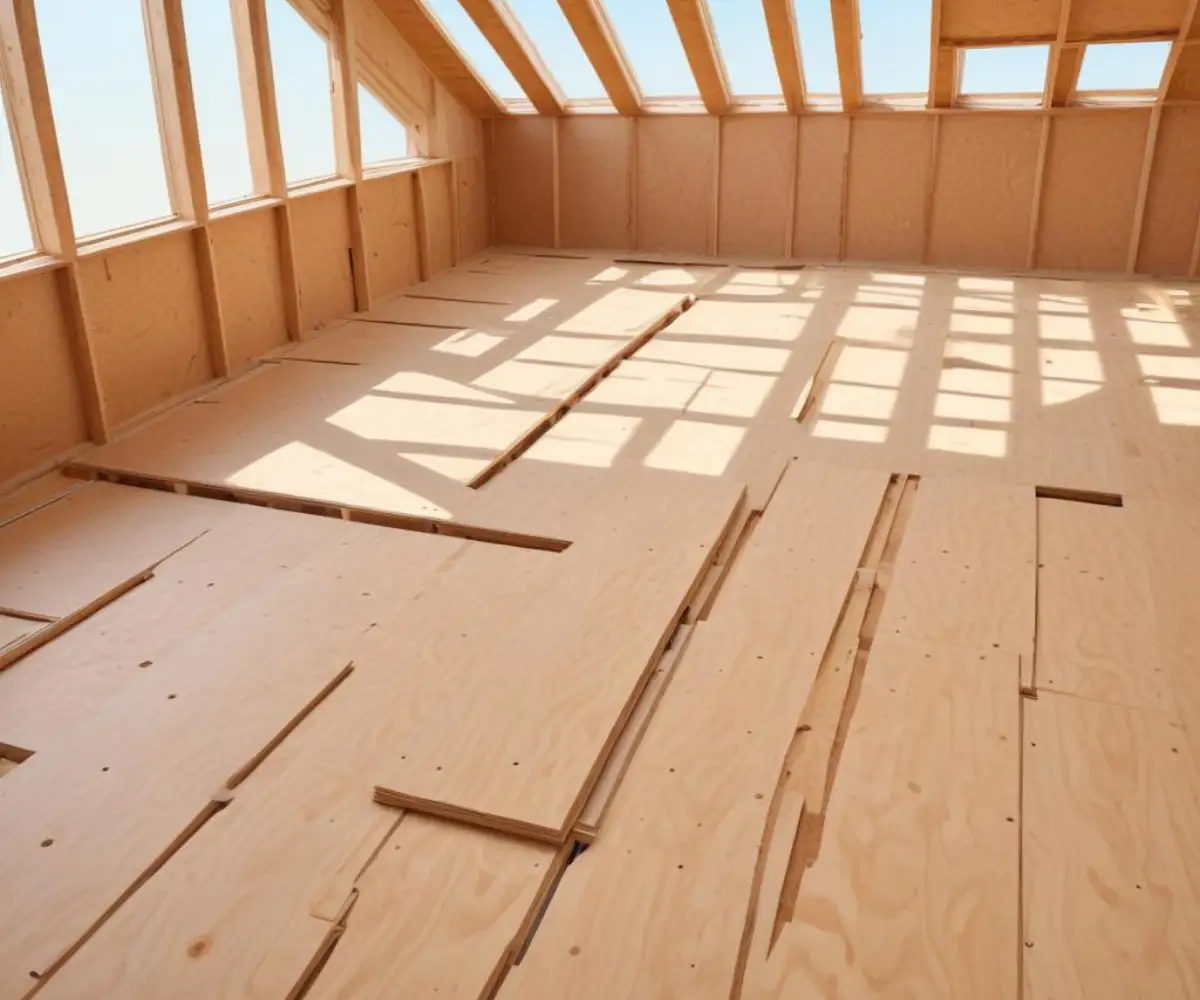 Unfinished plywood subfloor laid across wooden floor joists inside a home under construction.