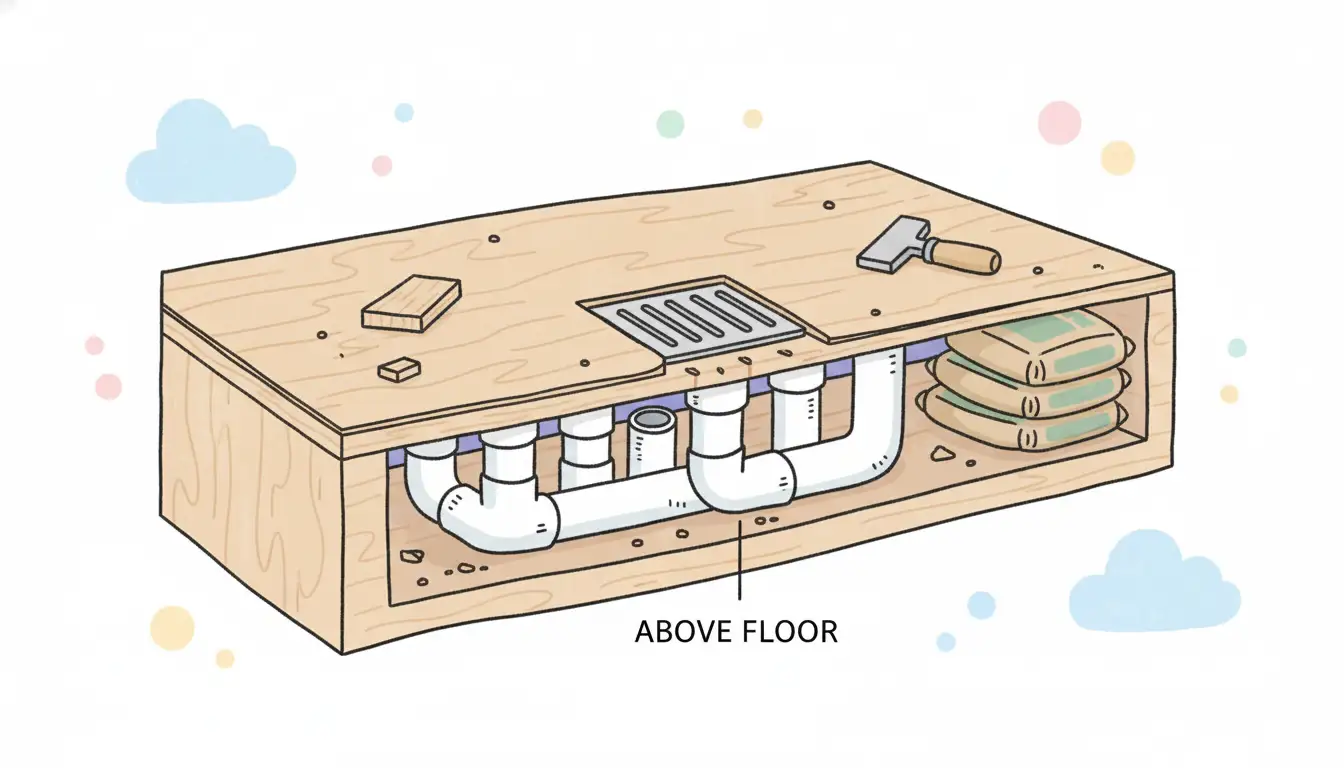 Unfinished plywood subfloor laid across wooden floor joists inside a home under construction.