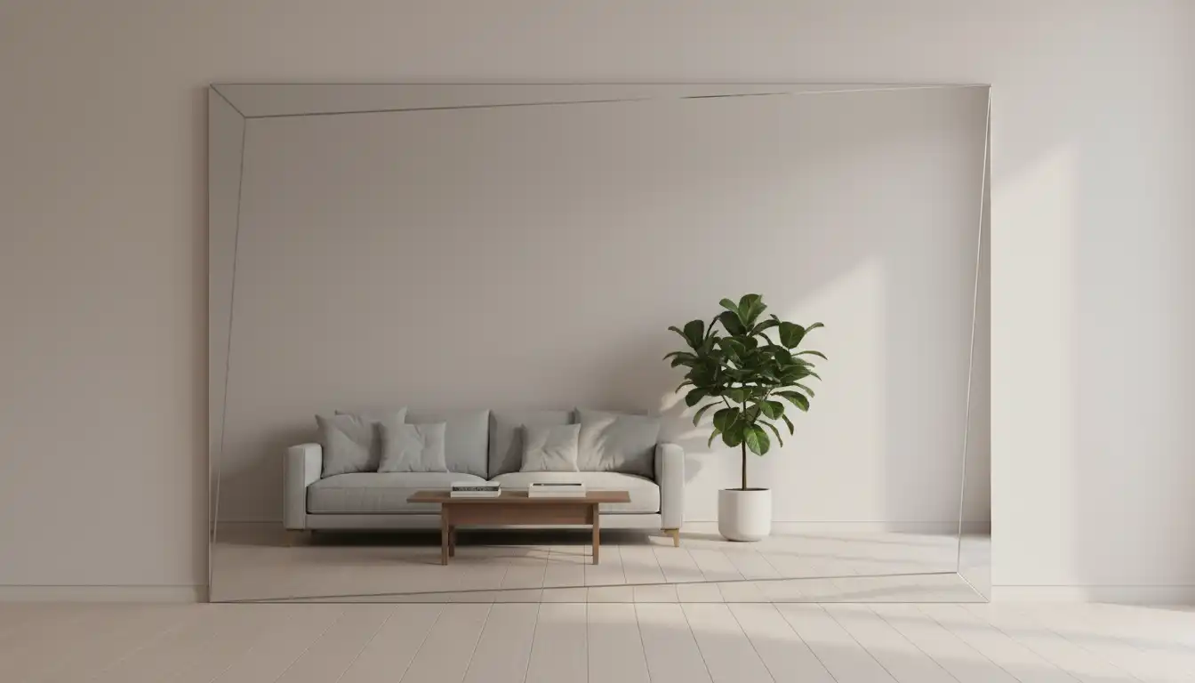 A large, floor-to-ceiling mirror with a beveled edge installed on a plain living room wall.