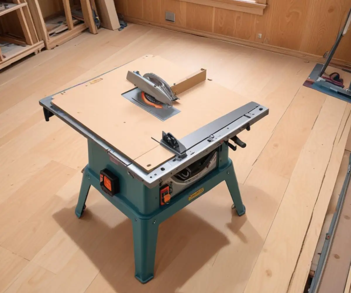 A specialized flooring saw positioned next to a portable table saw on a plywood subfloor, ready for installation.