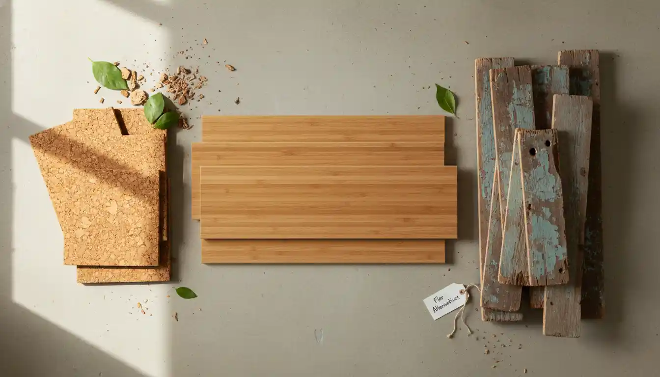 Overhead view of various sustainable flooring samples, including bamboo, cork, and reclaimed wood planks.