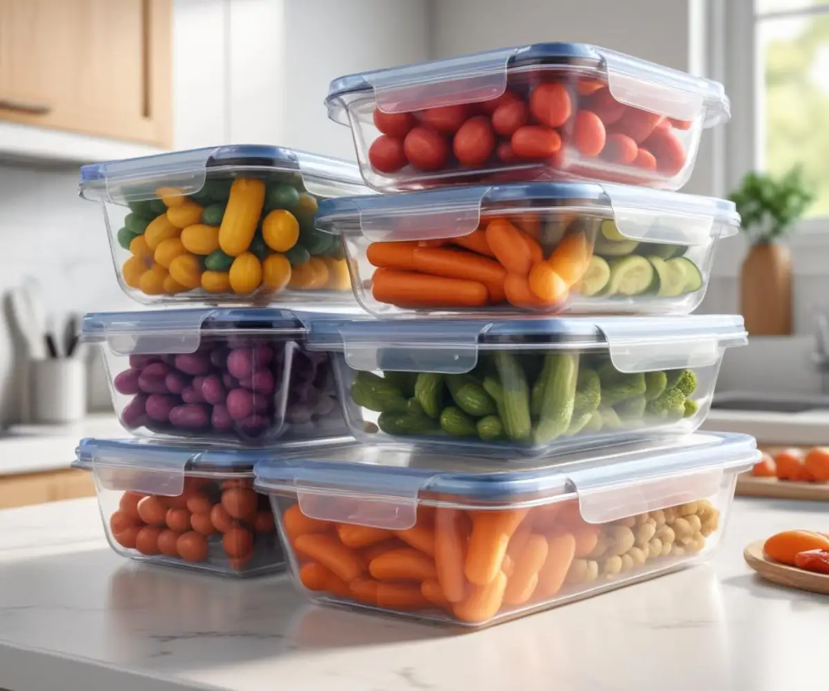 Stack of clear, rectangular vacuum-sealable food containers on a white kitchen counter.