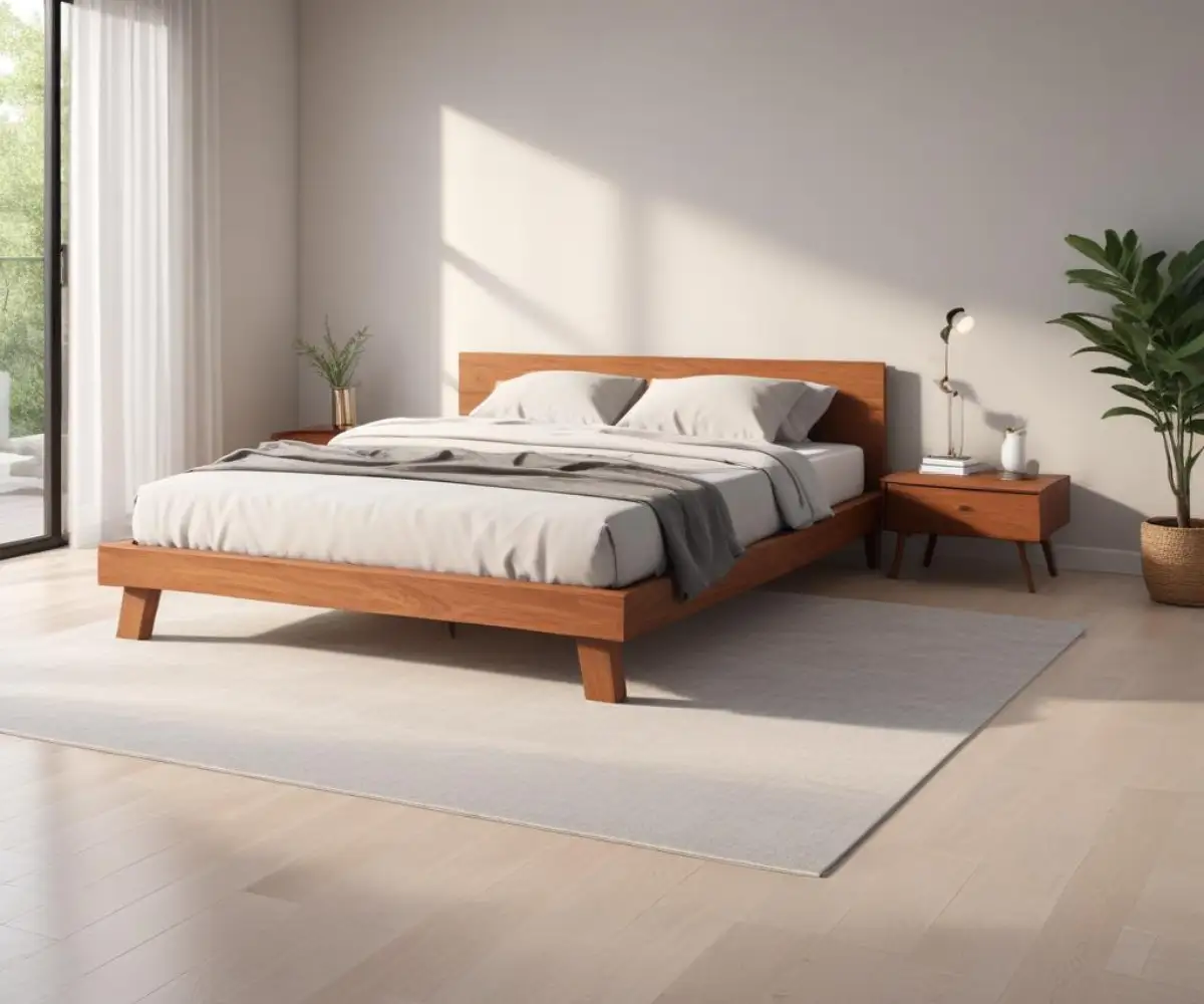 A minimalist bedroom with a low-profile wooden platform bed without a footboard, positioned on a light gray area rug over hardwood floors.