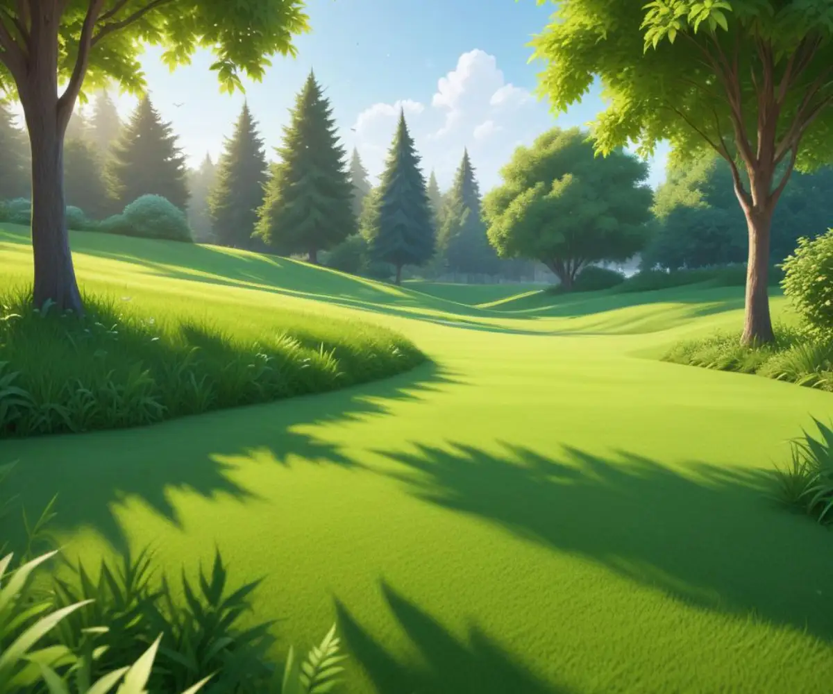 A lush, green, weed-free lawn under a bright, clear sky.
