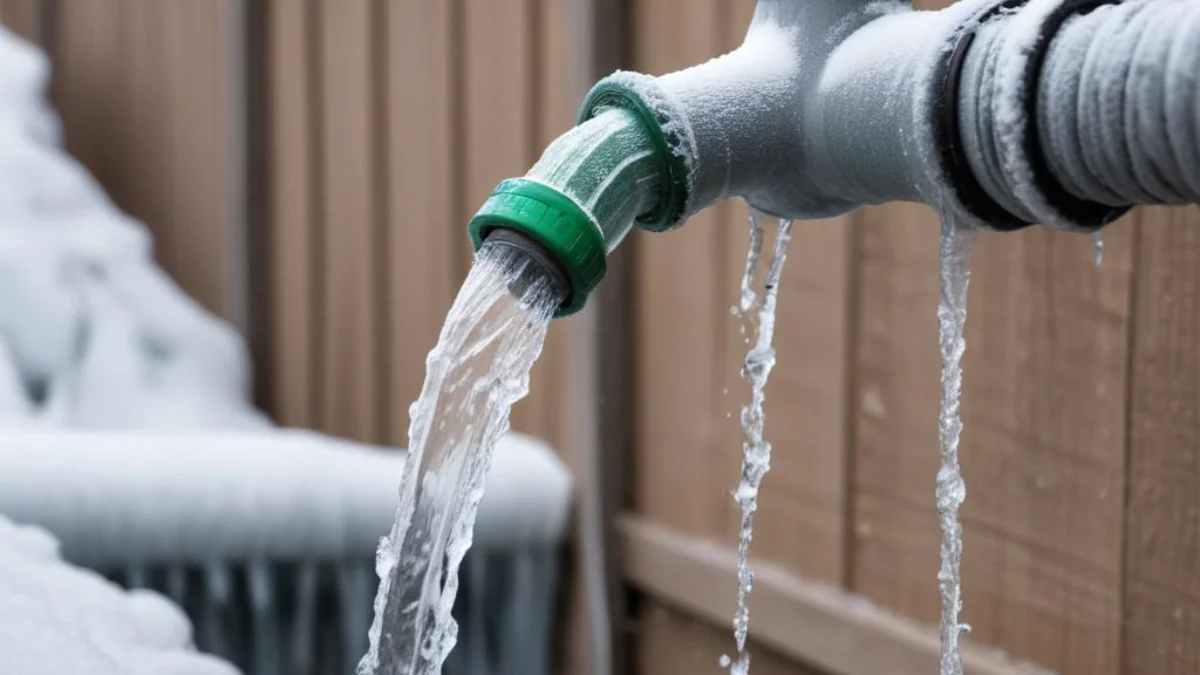 Frozen and burst outdoor water spigot with a garden hose attached, surrounded by ice.