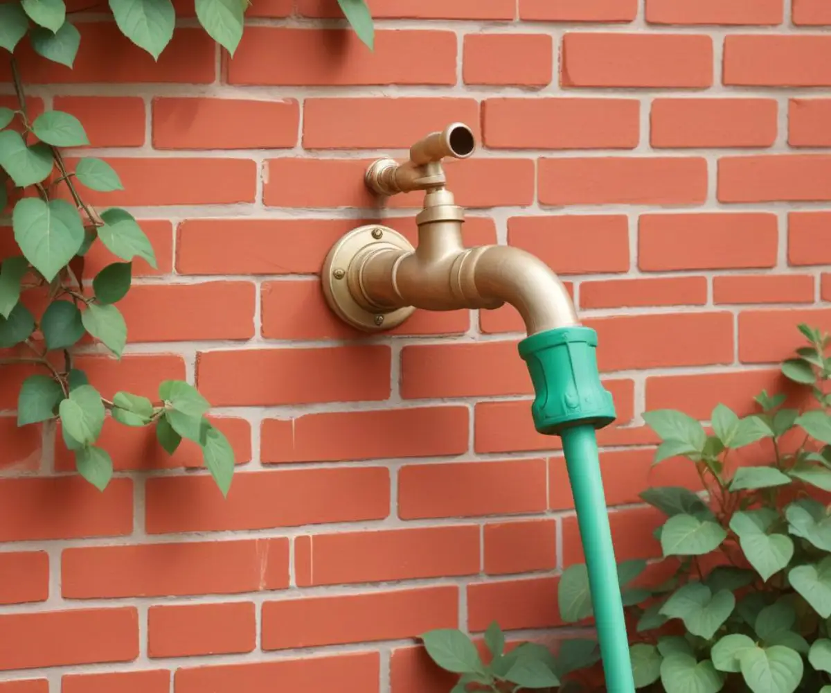 A brass outdoor water spigot with an attached green garden hose, set against a red brick wall.