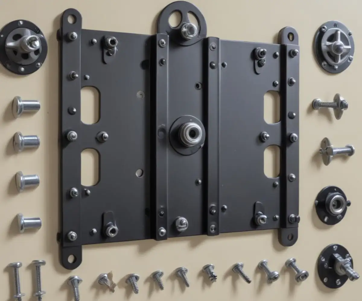 A close-up view of a black metal TV wall mount bracket, with an assortment of screws, bolts, and washers arranged neatly on a flat surface next to it.