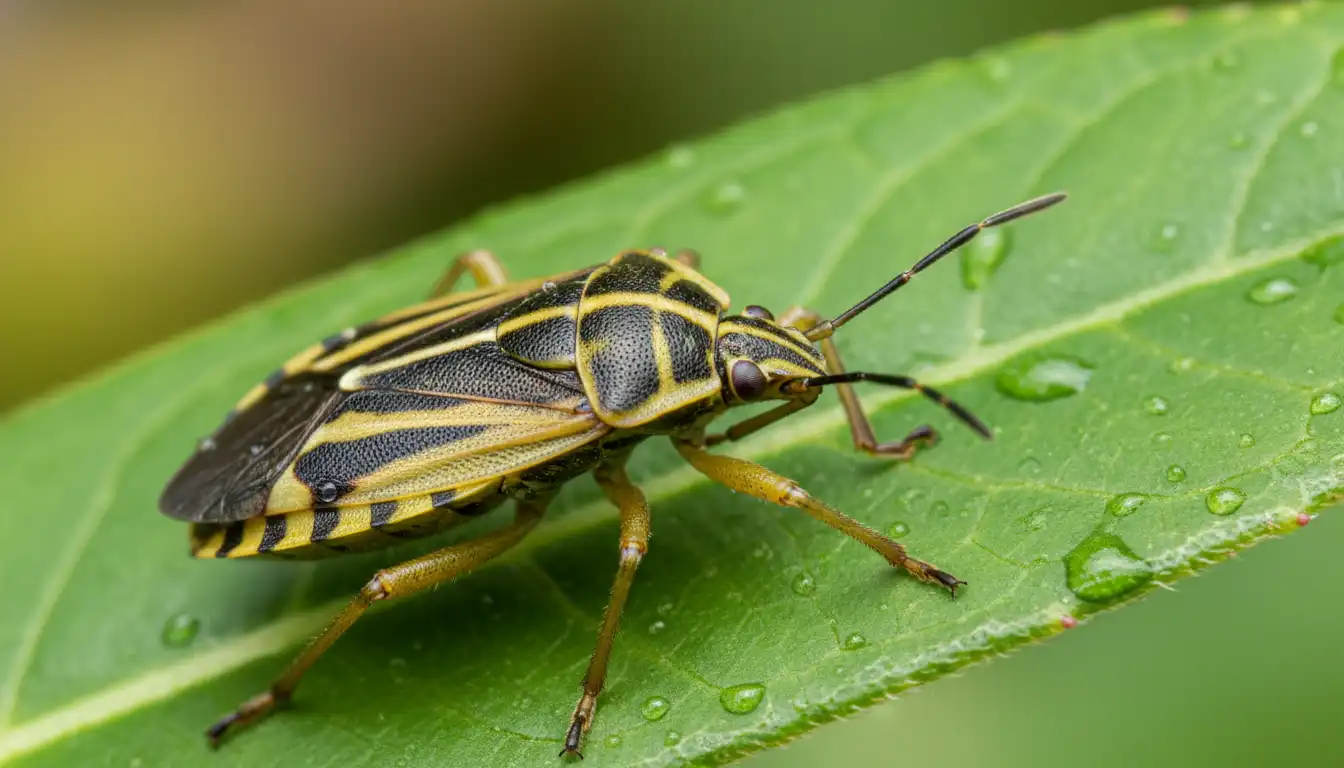A close-up of a yellowish-green four-lined plant bug with four distinct black stripes on its back, feeding on a vibrant green leaf.
