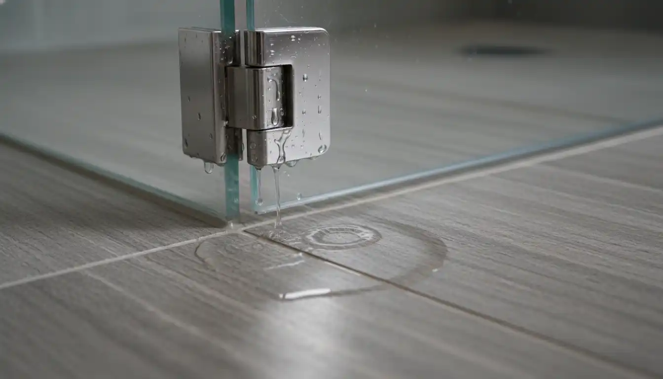 Close-up of water leaking from the bottom metal hinge of a frameless glass shower door onto a tiled surface.