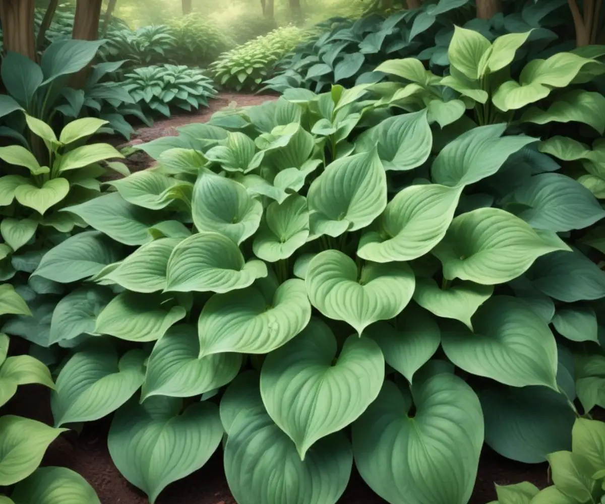 Lush green hosta plants with large, variegated leaves growing in a shaded garden bed.