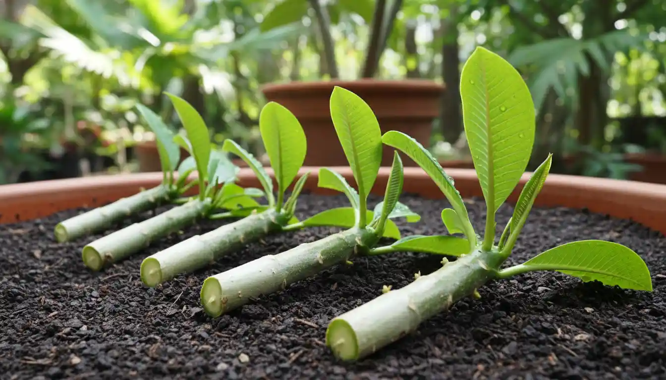 Freshly cut plumeria stems with vibrant green leaves ready for planting.