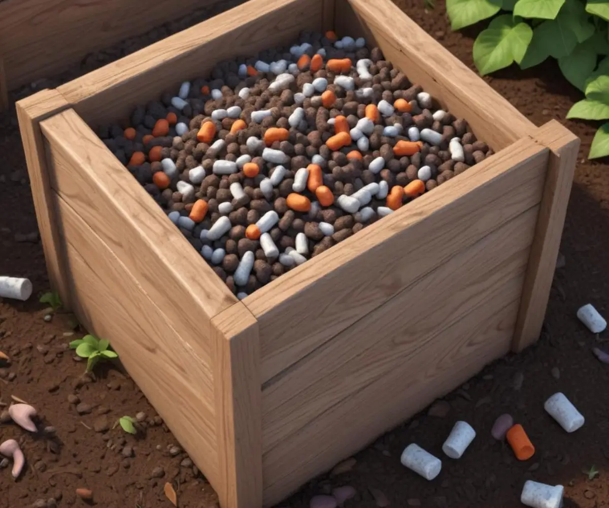 Close-up of nutrient-rich rabbit manure pellets in a wooden compost bin.