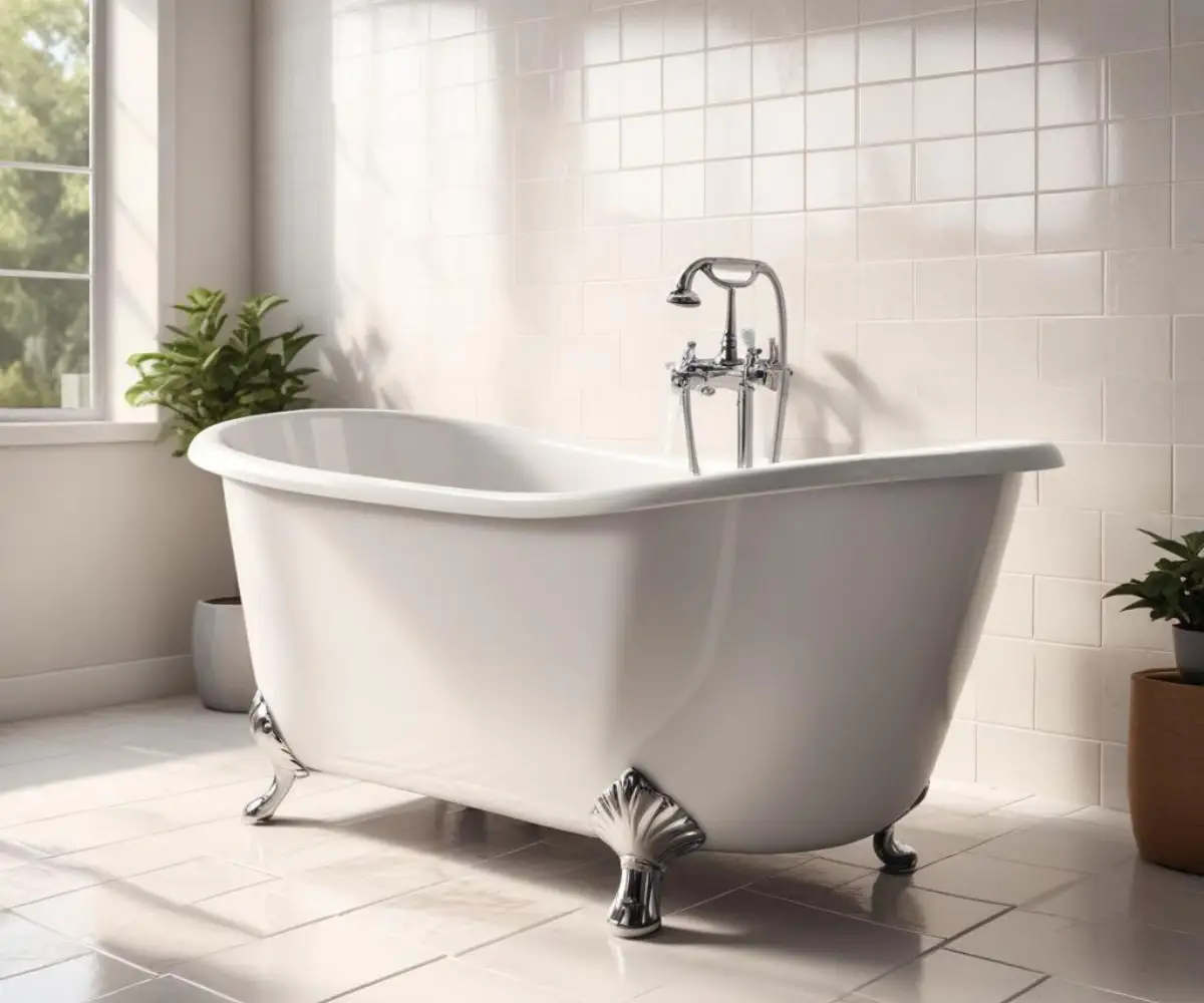 Chrome freestanding tub filler base mounted on a white tile floor