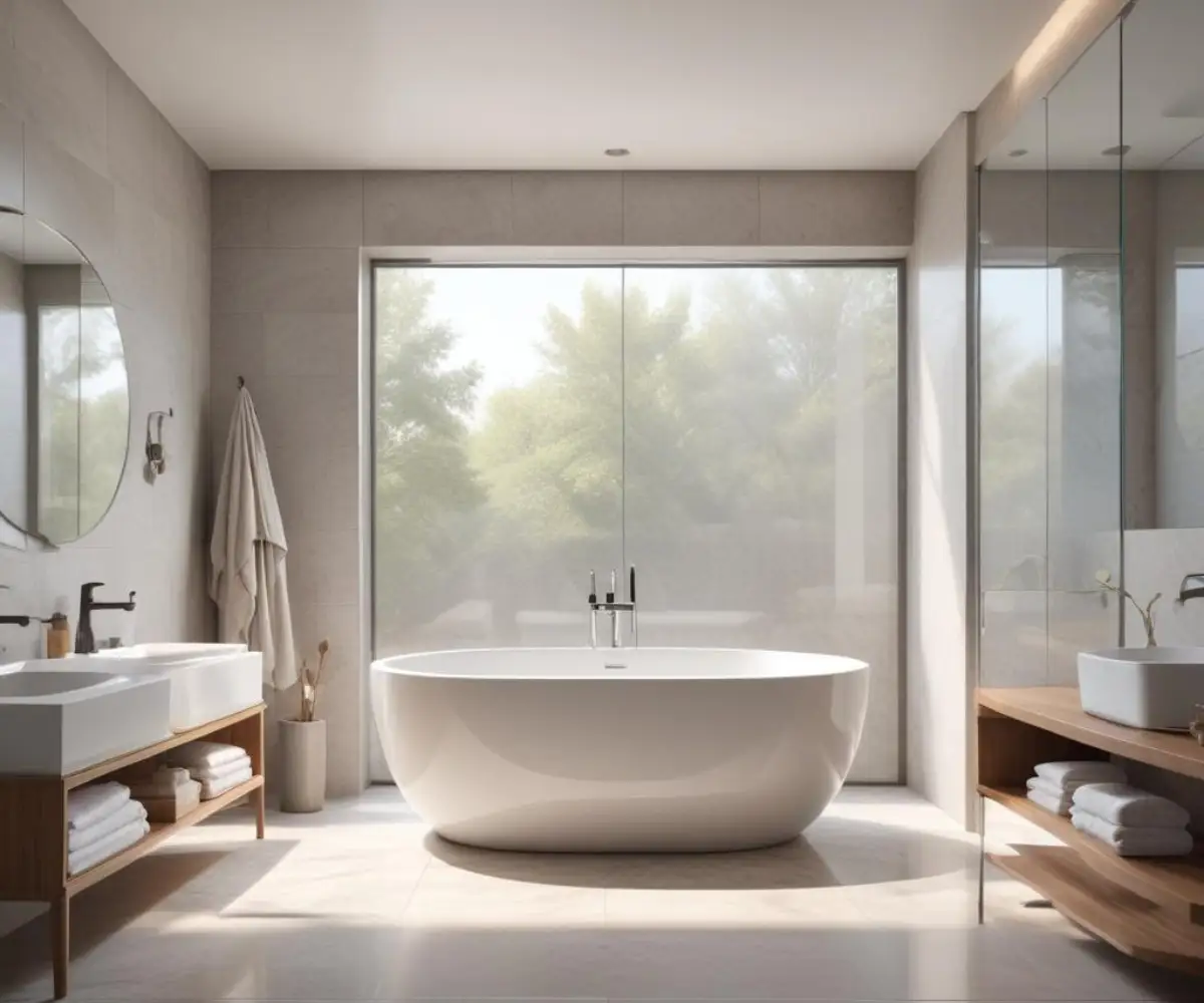 A white oval freestanding bathtub inside a spacious walk-in shower with seamless glass panels and light gray tiled walls.