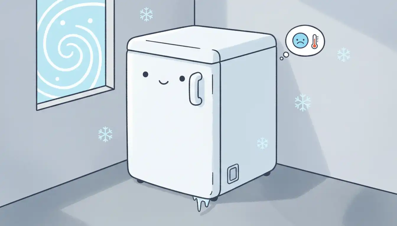 A white upright freezer located in the corner of a cold, concrete garage during the winter.