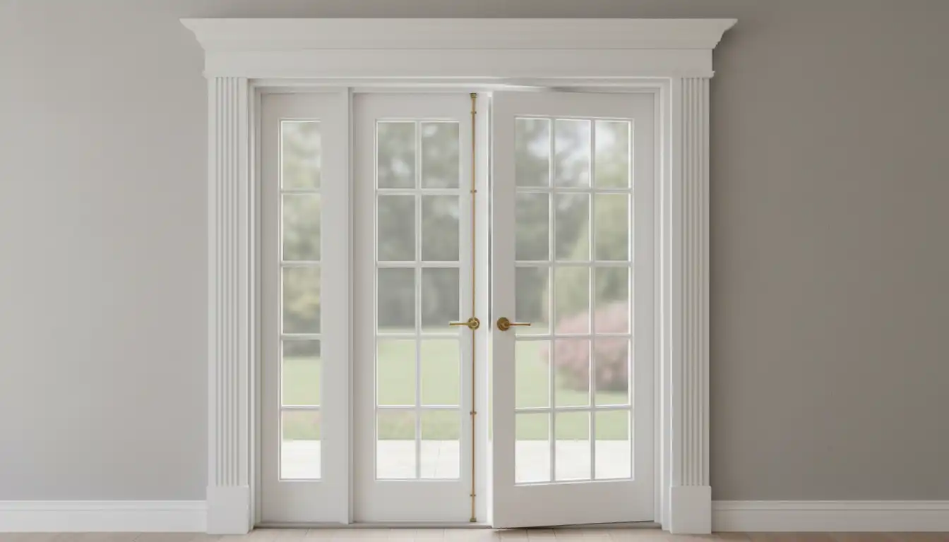 An elegant, white asymmetrical French door with one stationary glass panel and one operable glass panel set into a light gray wall.