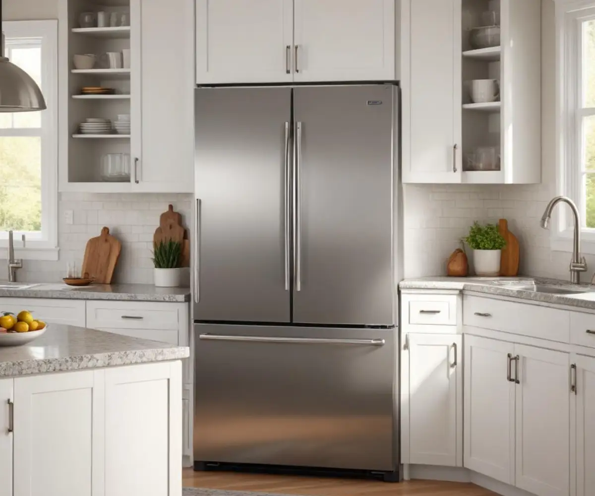 A standard-depth, stainless steel refrigerator extending several inches past the edge of white kitchen cabinets and a granite countertop.