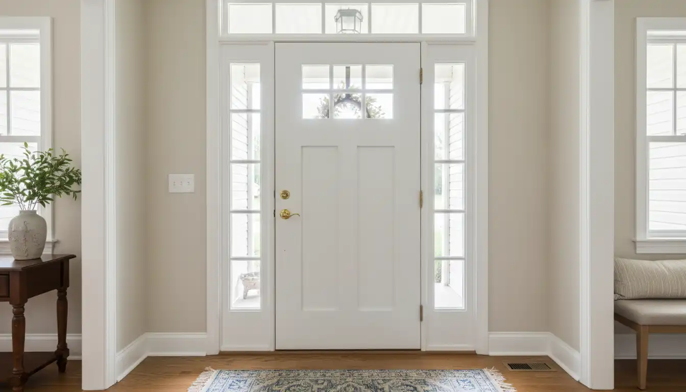 A closed residential front door with a dark gray exterior side and a clean white interior side, viewed from inside a home's entryway.