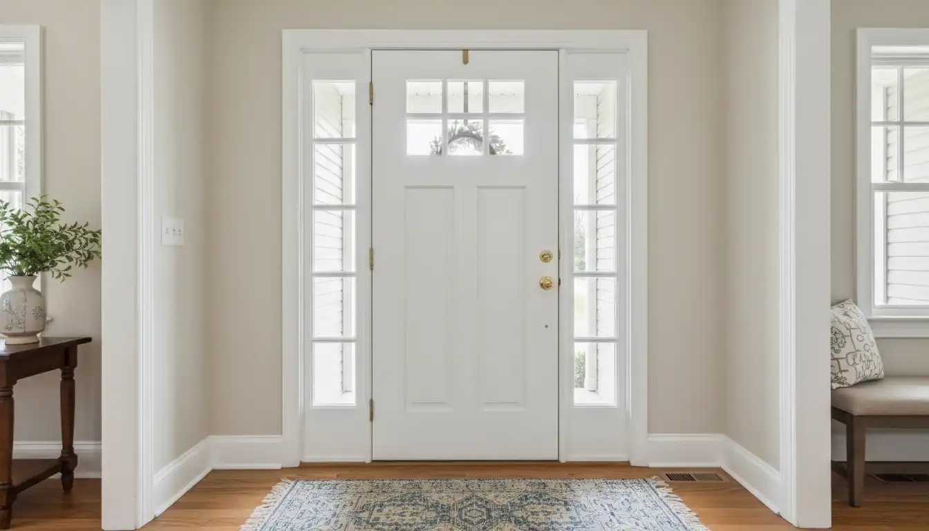 A closed residential front door with a dark gray exterior side and a clean white interior side, viewed from inside a home's entryway.