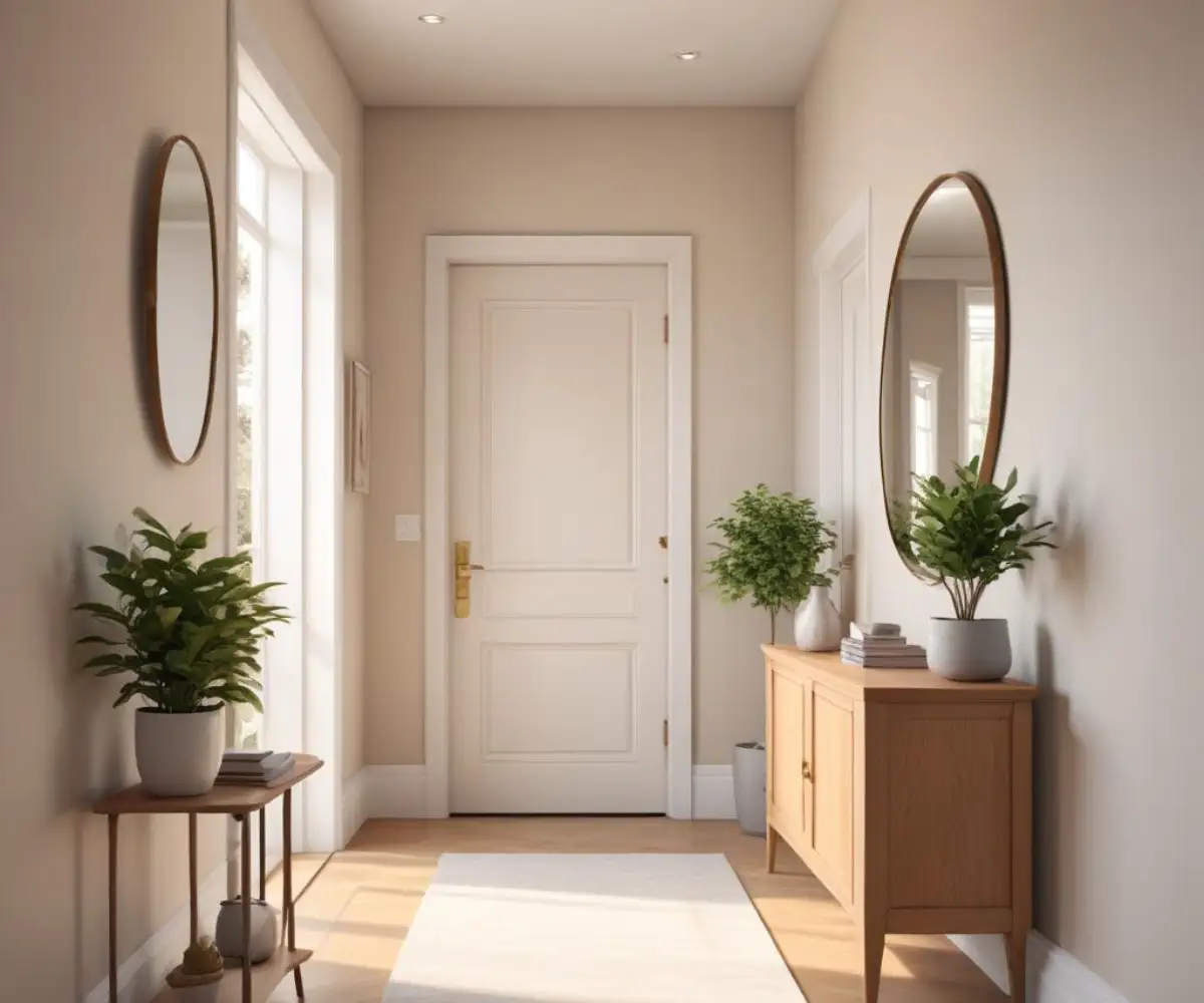 A narrow foyer showing a front door that opens toward a plain, light-colored wall, with a slim console table and a decorative mirror placed on the wall.