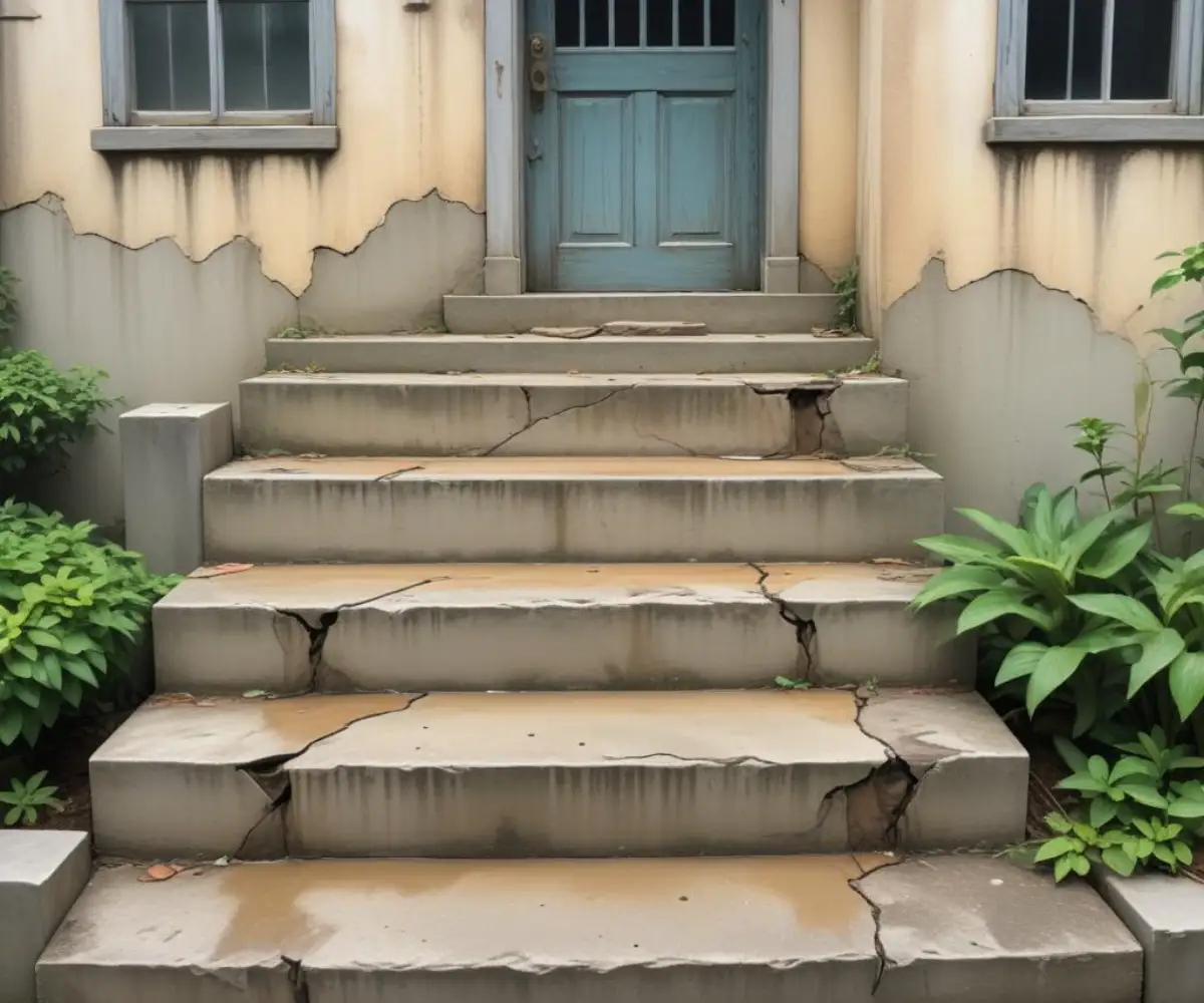 Cracked concrete front steps showing water damage near the foundation of a house.