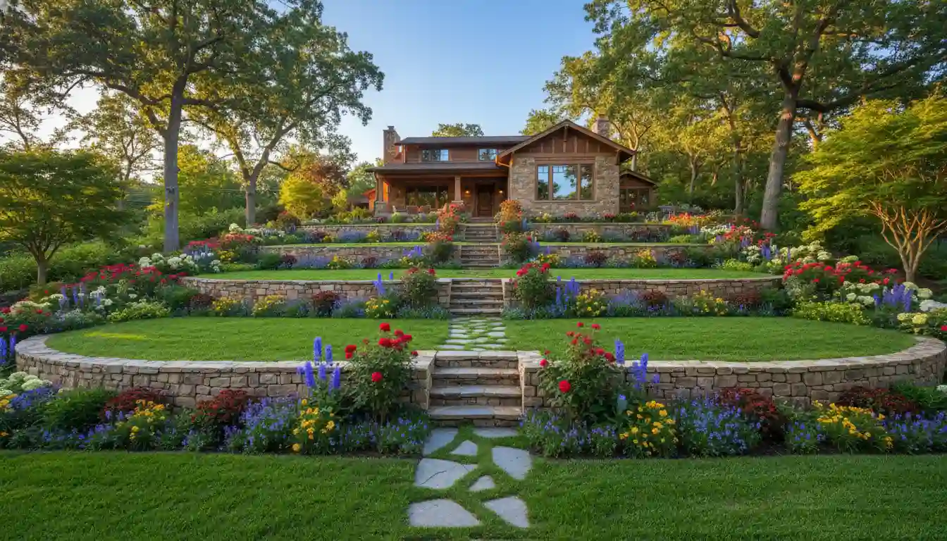 A terraced front yard with stone retaining walls, lush green grass, and colorful flower beds sloping down towards a house.