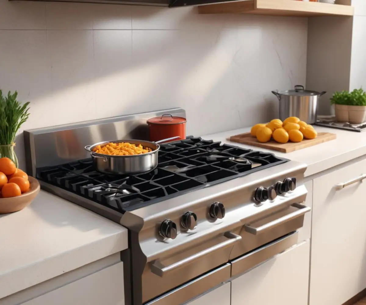 A stainless steel countertop with a built-in deep fryer next to a gas range stovetop in a modern kitchen.