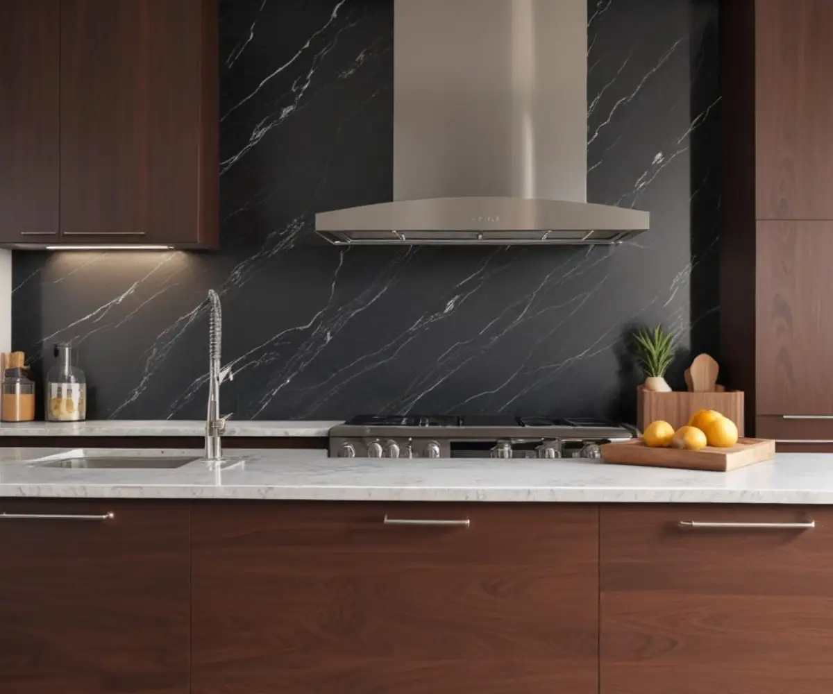 A full-height, polished granite slab backsplash creating a seamless and luxurious look in a modern kitchen with dark wood cabinets.