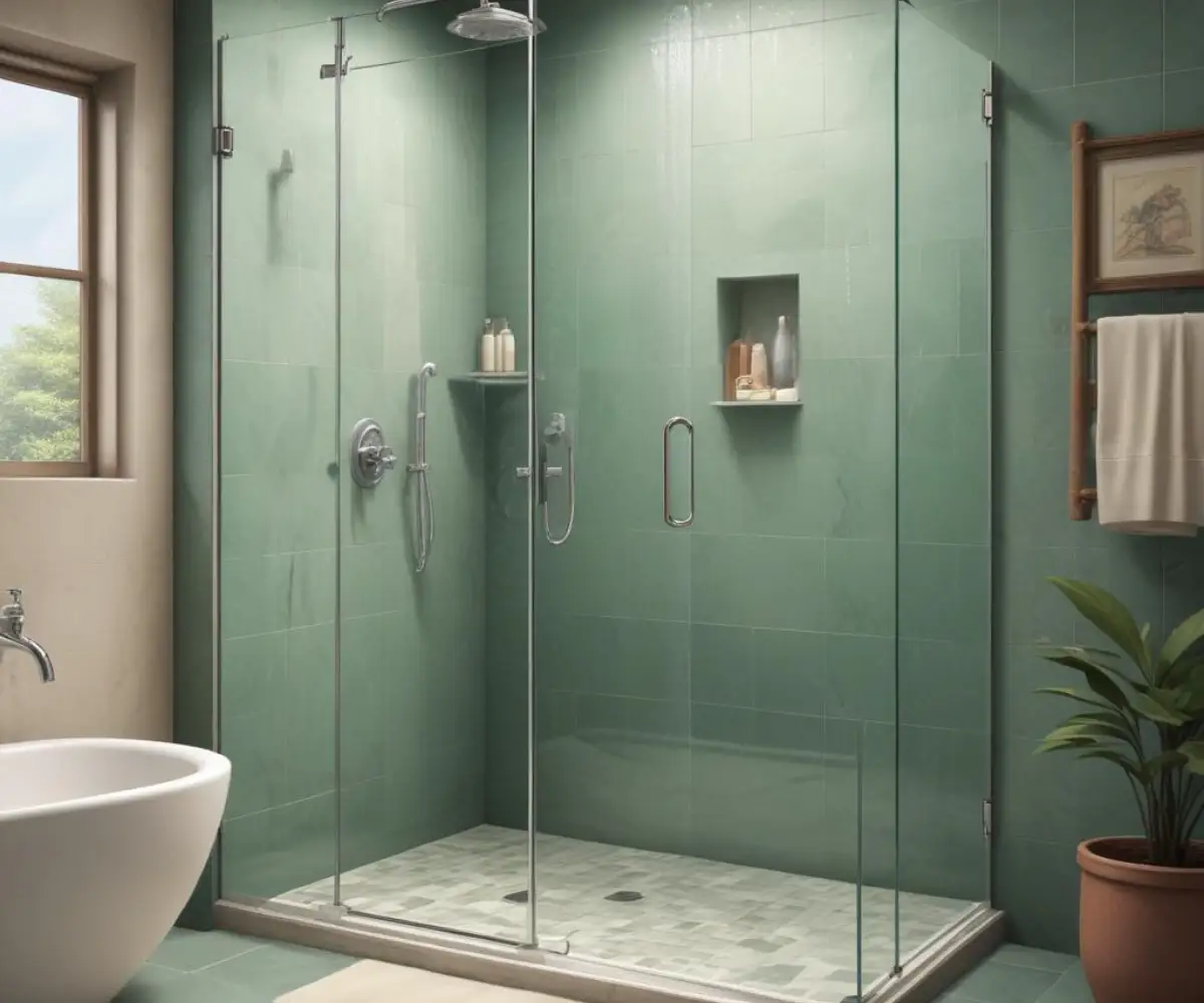 A modern, frameless, fully enclosed glass shower stall with a chrome shower head and tiled walls.
