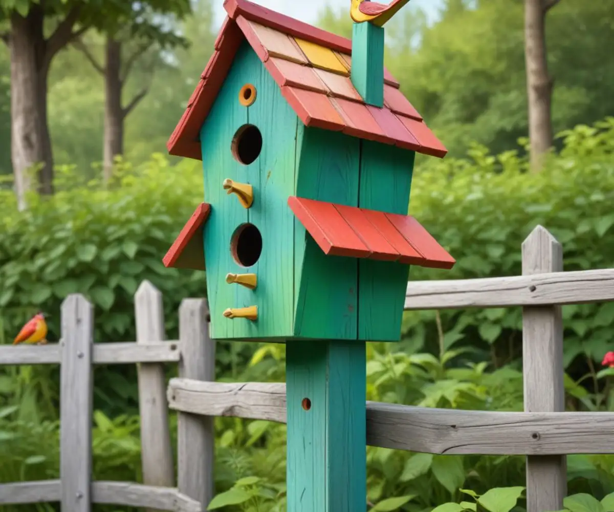 A brightly painted wooden birdhouse with a whimsical, crooked roof, sitting on a weathered fence post in a lush green garden.