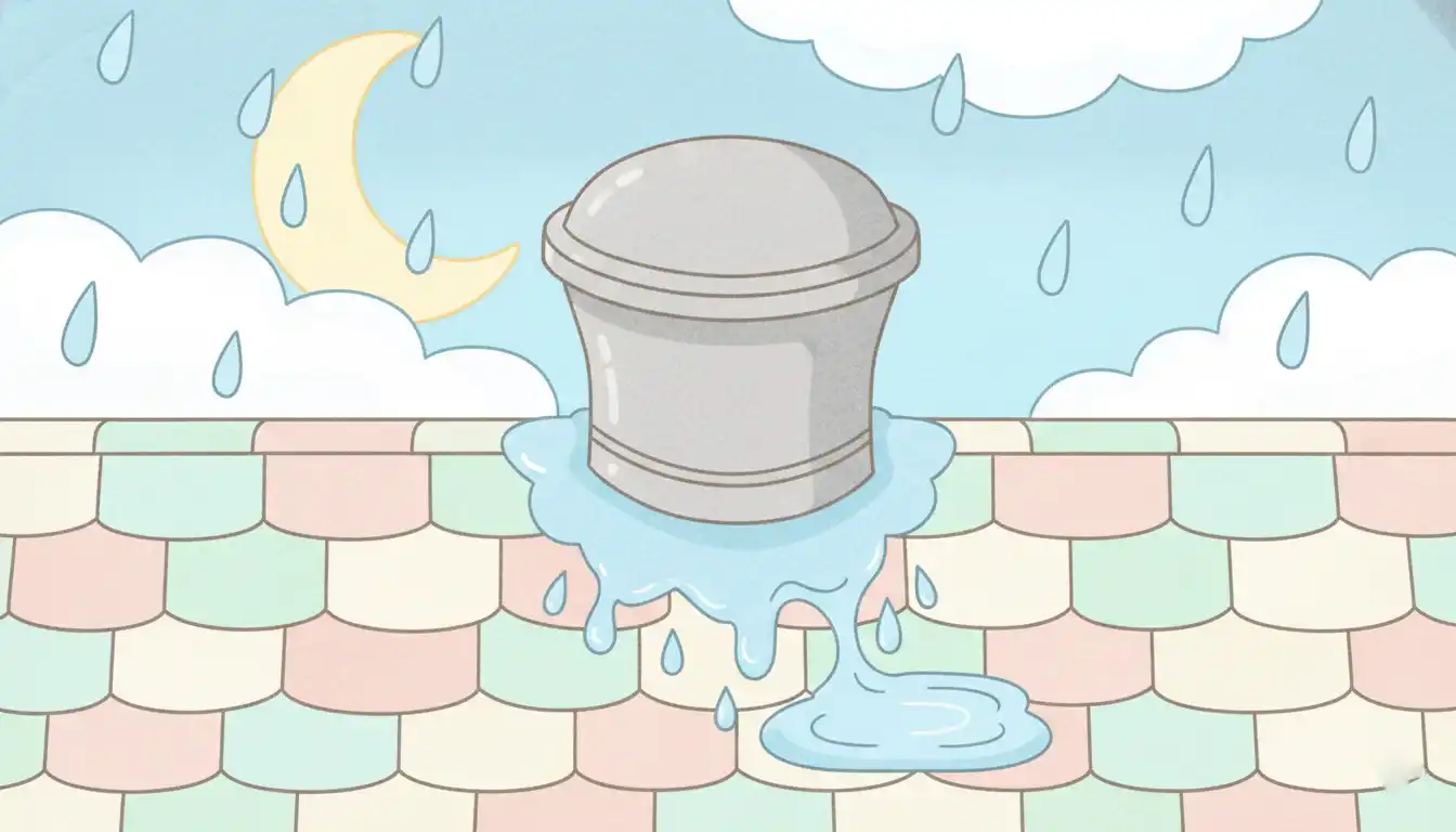 A metal furnace exhaust vent pipe with flashing sealed to a shingled rooftop.