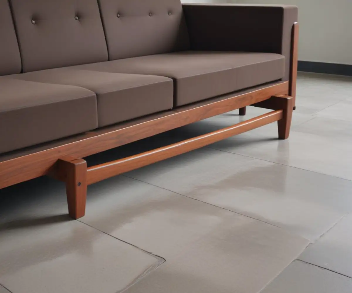 Dark brown felt furniture sliders placed under the wooden legs of a heavy sofa on a polished grey concrete floor.